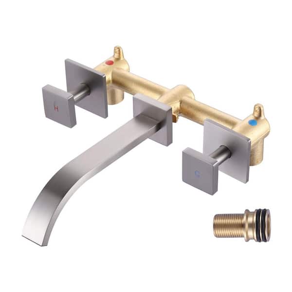 Double Handle 3 Holes Wall Mounted Brass Waterfall Bathroom Sink Faucet and Rough-in Valve Included in Bruhsed Nickel