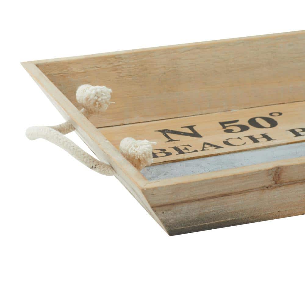 Coastal Charm White Wood Rectangular Tray Set with Metal Accents, 19" x 12"