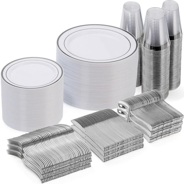 Wudkey 600-Piece Plastic Dinnerware for More than 30 with 100 Dinner, 100 Dessert Plate, 100 Spoon, 100 Fork, 100 Knif, Silver