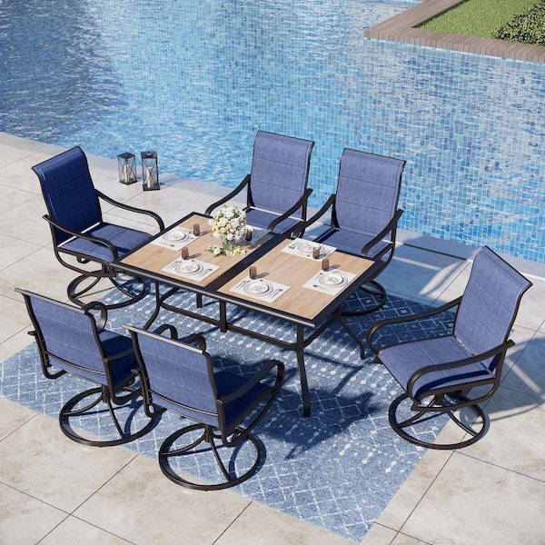 PHI VILLA Black 7-Piece Metal Outdoor Dining Set with Wood-Look Patio Table and Swivel Padded Blue Textilene Outdoor Dining Chair