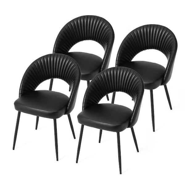 Glitzhome Mid-Century Modern Black Quilted Leatherette Dining Chair with Metal Tapered Legs (Set of 4 ）