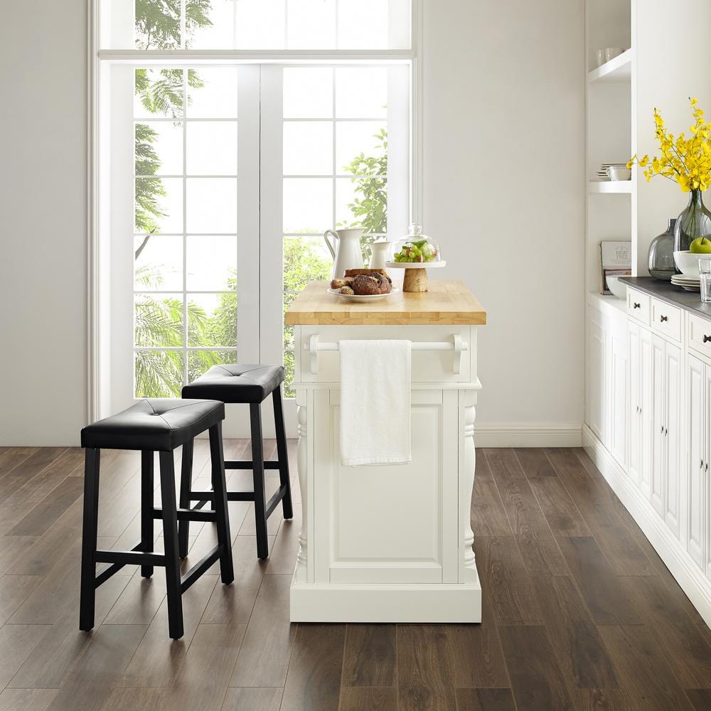 Oxford Solid Wood White Kitchen Island with Butcher Block and Saddle Stools