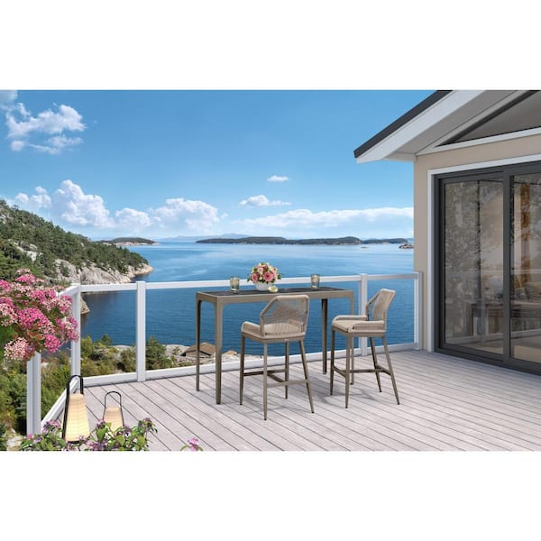 PURPLE LEAF Modern Aluminum Rectangle Bar Height Top Table and Wicker Outdoor Bar Stool Set with Khaki Cushions, 3-pack