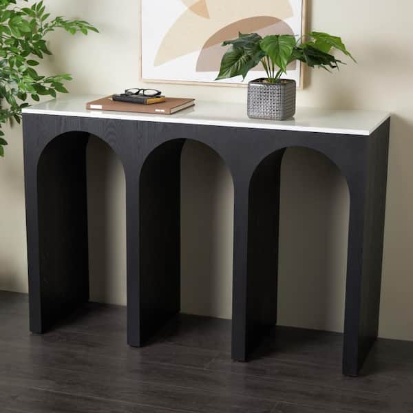 47 in. Black Extra Large Rectangle Wood Art Deco Arched Cutout Console Table with White Marble Tabletop