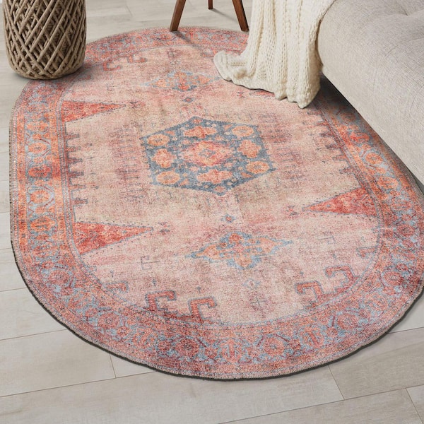 Vintage Bohemian Machine Washable Non Slip Multi 5 ft. x 7 ft. OVAL Area Rug