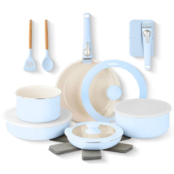 18 Piece Aluminum Ceramic Nonstick Detachable Handle Cookware Set in Blue