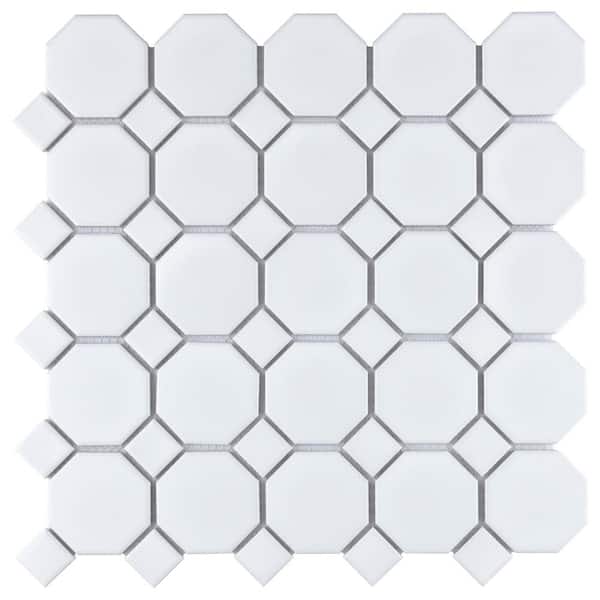 Merola Tile Metro Octagon Matte White with White Dot 11-1/2 in. x 11-1/2 in. Porcelain Mosaic Tile (9.4 sq. ft./Case)