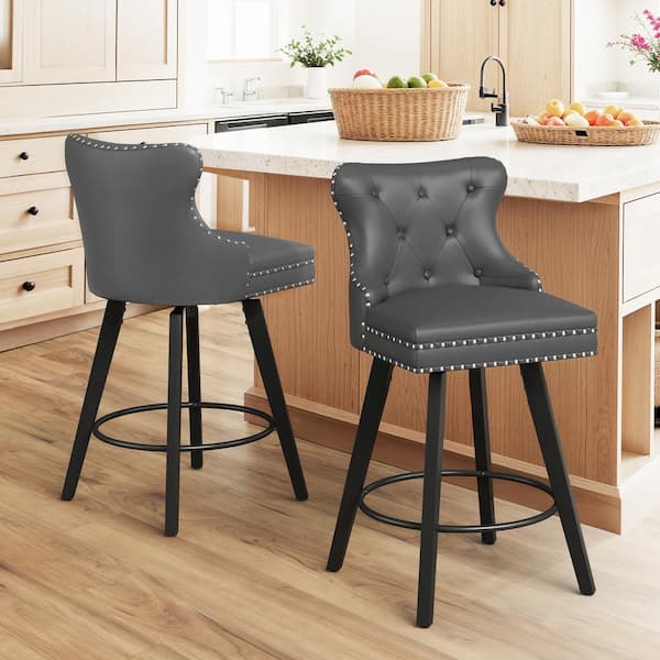 27 in. Counter Stool Dark Gray Faux Leather Upholstered Button Tufted Swivel Bar Stool with Wood Frame Set of 2