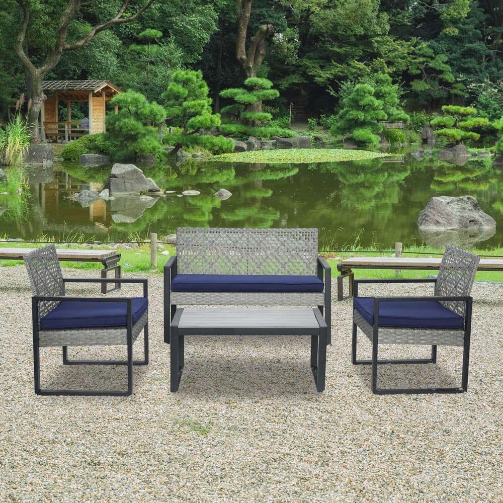 4-Piece Wicker Patio Conversation Set with Blue Cushions, Patio Furniture S