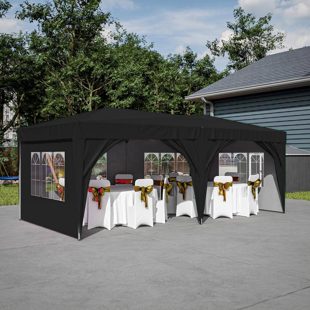 10 ft. x 20 ft. Black Steel Frame Pop-Up Canopy Tent with Adjustable Height and Sidewalls