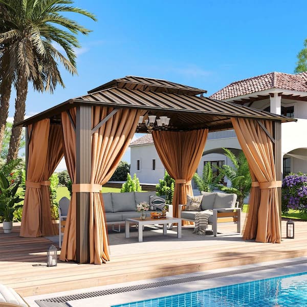 12 ft. x 10 ft. Brown Steel Frame Gazebo Double Roof Hardtop Gazebo with Hooks, Curtains, and Nettingc
