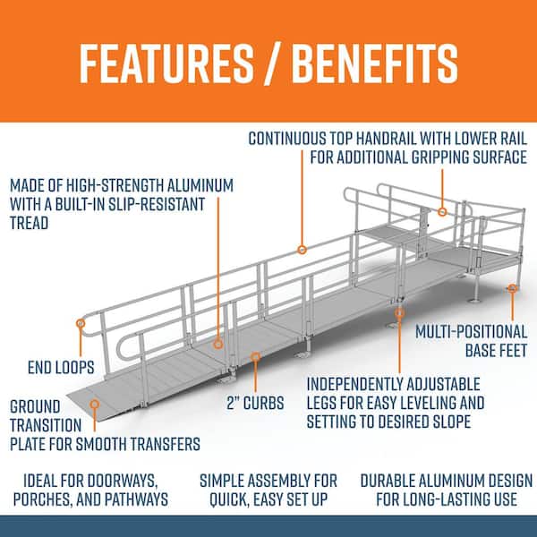 PATHWAY 26 ft. L-Shaped Aluminum Wheelchair Ramp Kit with Solid Surface Tread, 2-Line Handrails and 4 ft. Turn Platform