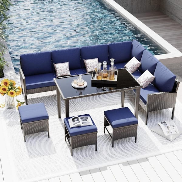Unbranded 7-Pieces Wicker Patio Conversation Set, All Weather High Back Furniture Set, with Blue Cushions for Poolside, Backyard