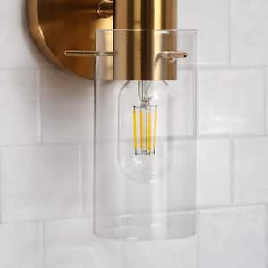 Modern 13.4 in. 2-Light Plated Brass Wall Sconce with Cylinder Clear Glass Shades for Bedroom Foyer Bathroom Living Room