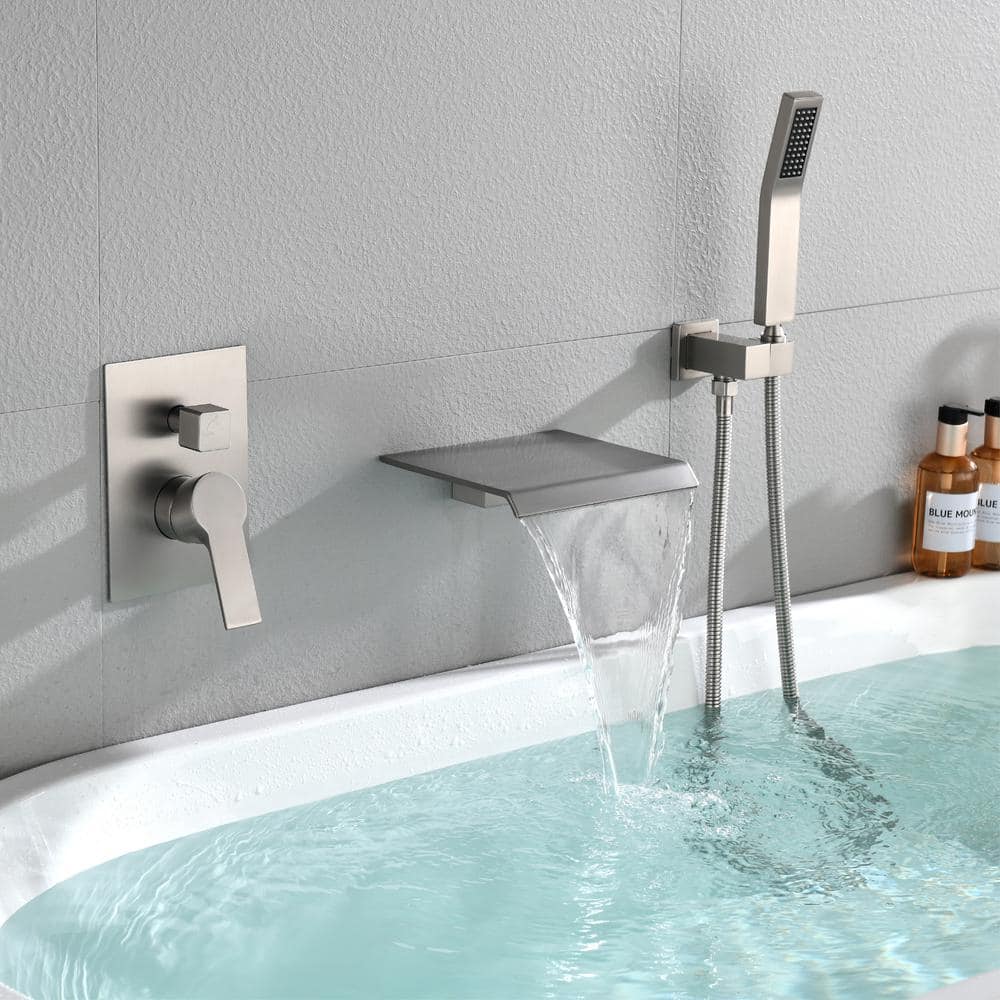 Brushed Nickel Wall-Mount Waterfall Tub Faucet with Hand Shower