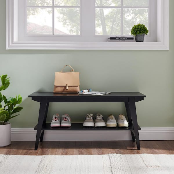 Welwick Designs Black Wooden Scandinavian Bench with Lower Shelf (18.25 in. H x 39.5 in. W x 15 in. D)