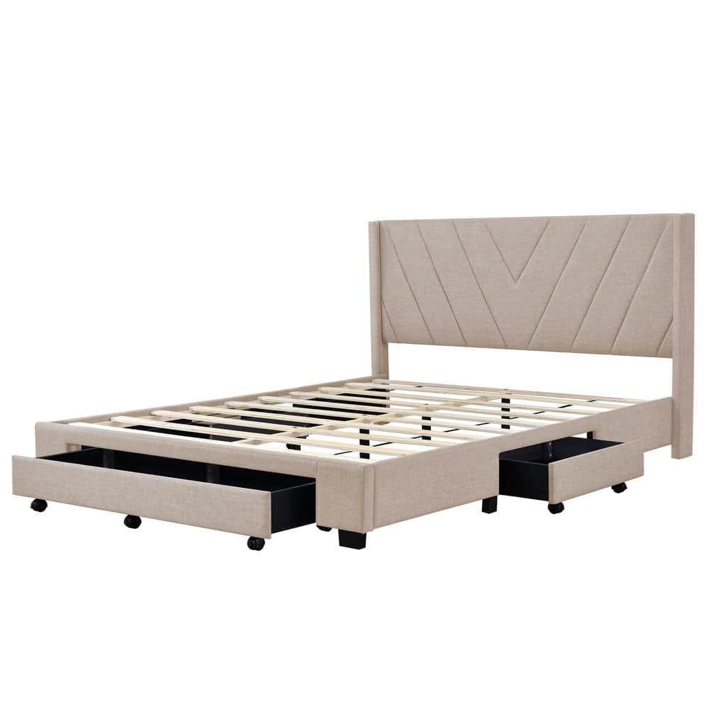 Beige Linen Upholstered Queen Platform Bed with Storage Drawers