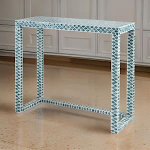 35.5 in. Blue Rectangle Wooden Console Table with Capiz Shell Inlay