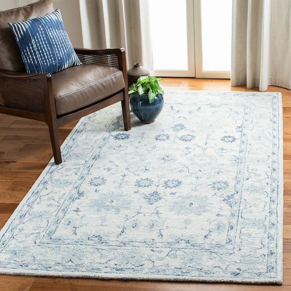 Micro-Loop Blue/Ivory 4 ft. x 6 ft. Border Floral Area Rug