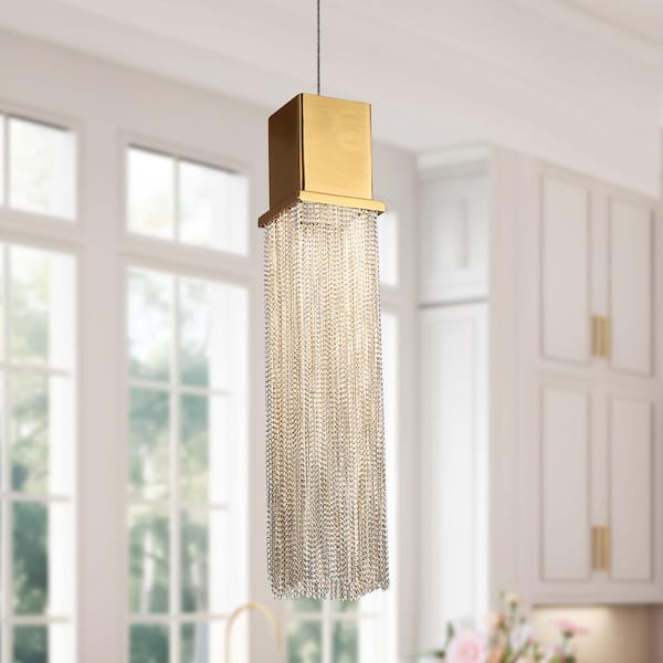 LNC Shoebill 1-Light Plating Brass Integrated LED Chain Tassel Pendant Light Living Room Bedroom Silver Fringe Hanging Light