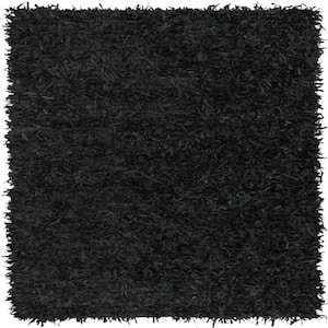 Leather Shag Black 5 ft. x 5 ft. Square Solid Area Rug