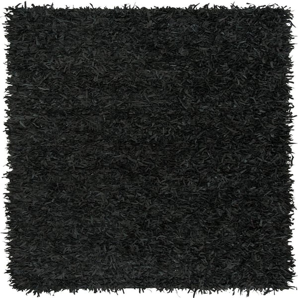 SAFAVIEH Leather Shag Black 5 ft. x 5 ft. Square Solid Area Rug