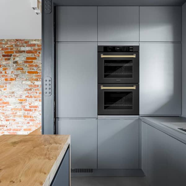 Autograph Edition 30 in. Double Electric Wall Oven with True Convection in Black Stainless with Champagne Bronze Handles