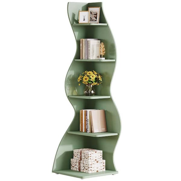 Eulas 69.8 in. Tall Green Wood 5-Shelf Standard Bookcase Corner Bookshelf with Storage Shelf and Curvy Shelf
