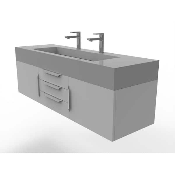 castellousa Nile 60 in. W x 19 in. D x 20 in. H Bath Vanity in Matte Gray with Chrome Trim and Gray Solid Surface Top