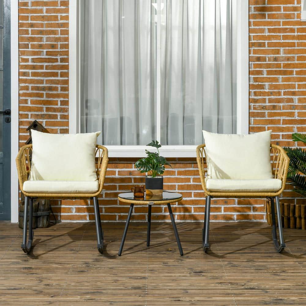 3-Piece PE Wicker Outdoor Bistro Set with Cushions, with 2-Porch Rocker Cha