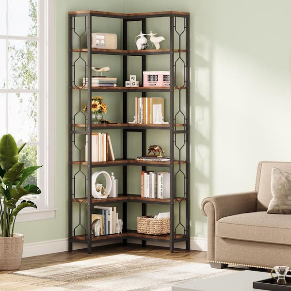 78.7 in. Tall Rustic Brown Engineered Wood 7-Shelf Corner Bookcase, Tall Bookshelf Corner Shelf Rack for Home Office