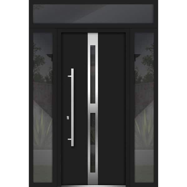 VDOMDOORS 64 in. x 96 in. Right-Hand/Inswing 3 Sidelights Tinted Glass Black Enamel Steel Prehung Front Door with Hardware