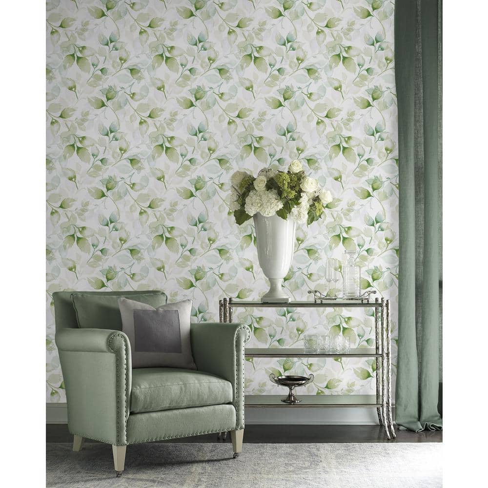 Green Ivy Watercolor Tossed Leaves Peel and Stick Vinyl Wallpaper