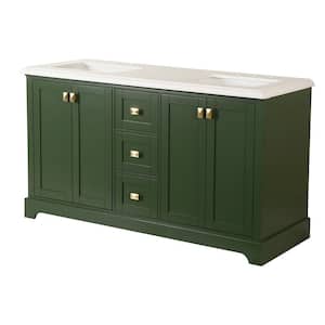 60.6 in. W x 22.4 in. D x 34 in. H Double Sink Solid Wood Bath Vanity in Green with White Kakara Engineered Marble Top