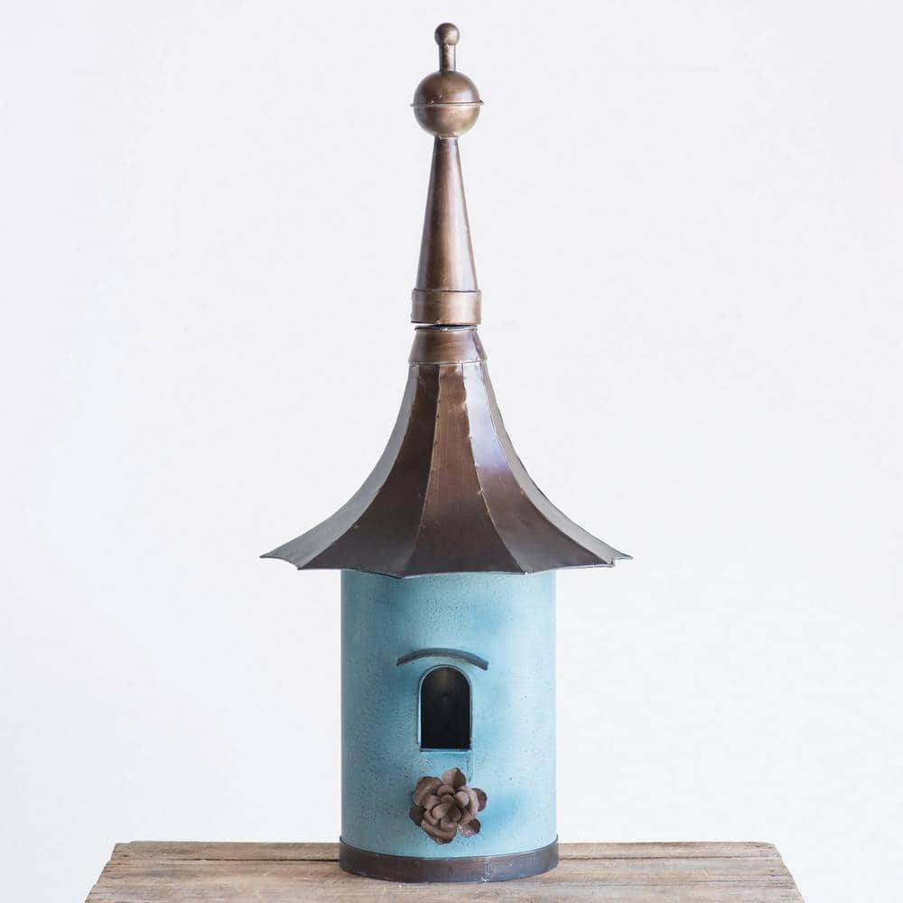 Aqua and Black Iron Freestanding Birdhouse with Flower Perch