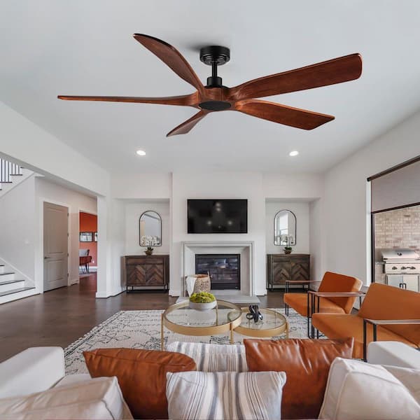 60 in. Farmhouse Brown Wood Downrod Mount Ceiling Fan with Remote Control, 5 Solid Wood Blades, No Light