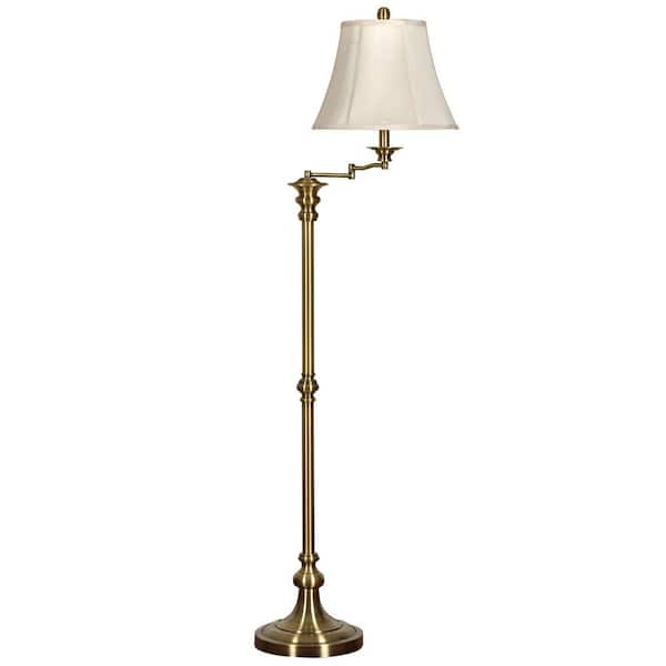 StyleCraft 62 in. Antique Brass Floor Lamp with White Fabric Shade