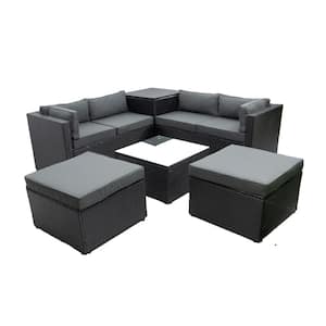 6-Piece Patio Rattan Wicker Outdoor Furniture Conversation Sofa Set with Storage Box Removeable Gray Cushions