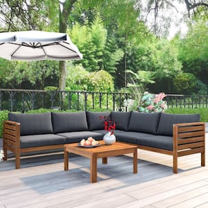 Natural Soild Wood Outdoor Sofa Sectional Set with Gray Cushions and Soild Wood Coffee Table