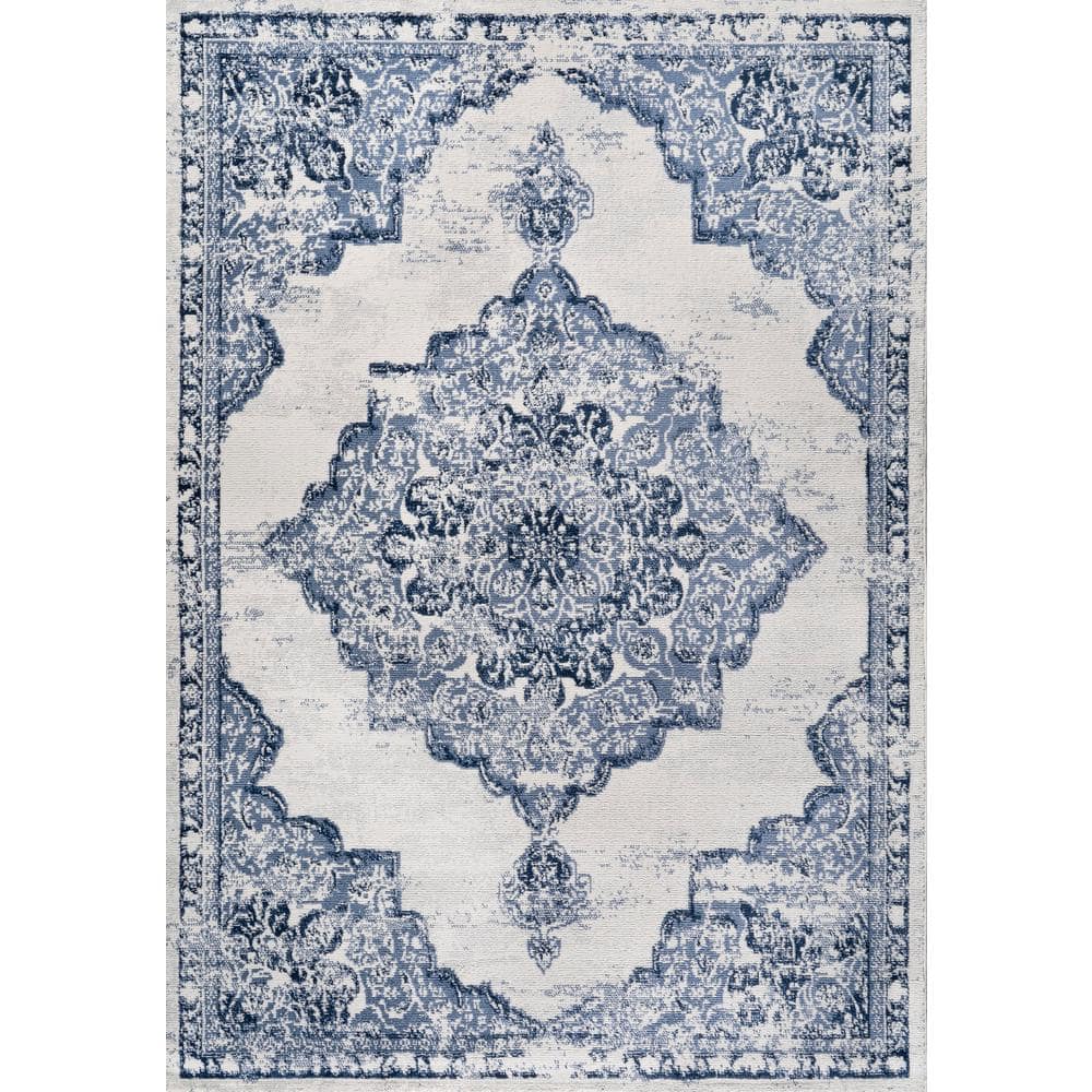 Light Blue and Ivory Synthetic Flat Woven 8' x 10' Area Rug