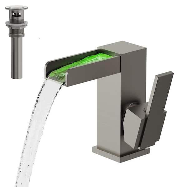 3-Color LED Waterfall Open Spout 1-Handle Single Hole Bathroom Sink Faucet in Brushed Nickel Pop-Up Drain Included