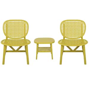 Yellow 3-Pieces Patio Polypropylene Outdoor Bistro Set, All Weather, Table with Open Shelf and Lounge Chair