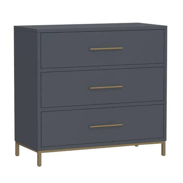 Benjara Slate Gray 3Drawer Small Dresser Chest with Brass Metal Frame