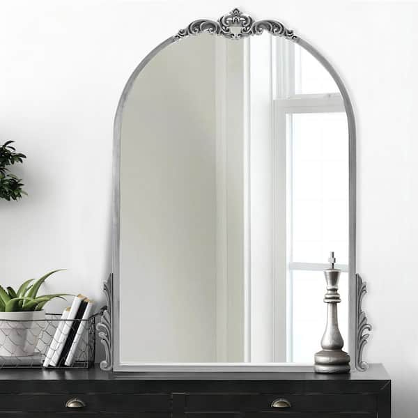 Sxiawe 24 in. W x 32 in. H Baroque Arched Classic Metal Framed Antique Silver Mounted Wall Mirror