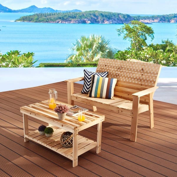 TOP SPACE 2-Piece Wood Patio Conversation Set with Engraved Bench and Coffee Table