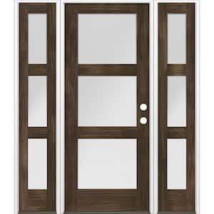 64 in. x 80 in. Modern Douglas Fir 3-Lite Left-Hand/Inswing Frosted Glass Black Stain Wood Prehung Front Door w/ DSL