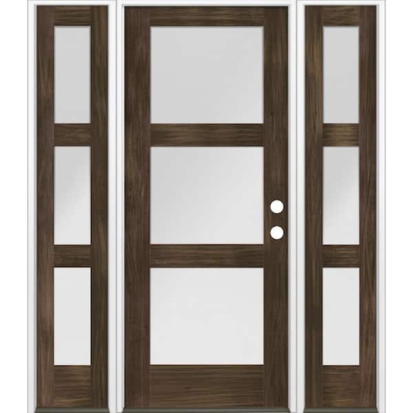 Krosswood Doors 64 in. x 80 in. Modern Douglas Fir 3-Lite Left-Hand/Inswing Frosted Glass Black Stain Wood Prehung Front Door w/ DSL
