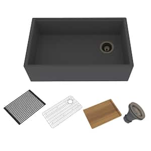 30 in. Farmhouse/Apron-Front Single Bowl Black Earth Cement Kitchen Sink with Drain Grid, Drain, Board, Roll-Up Rack