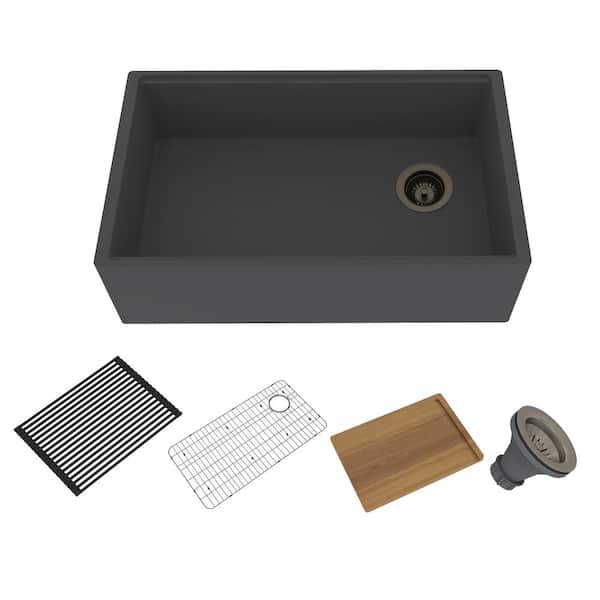 Kahomvis 30 in. Farmhouse/Apron-Front Single Bowl Black Earth Cement Kitchen Sink with Drain Grid, Drain, Board, Roll-Up Rack
