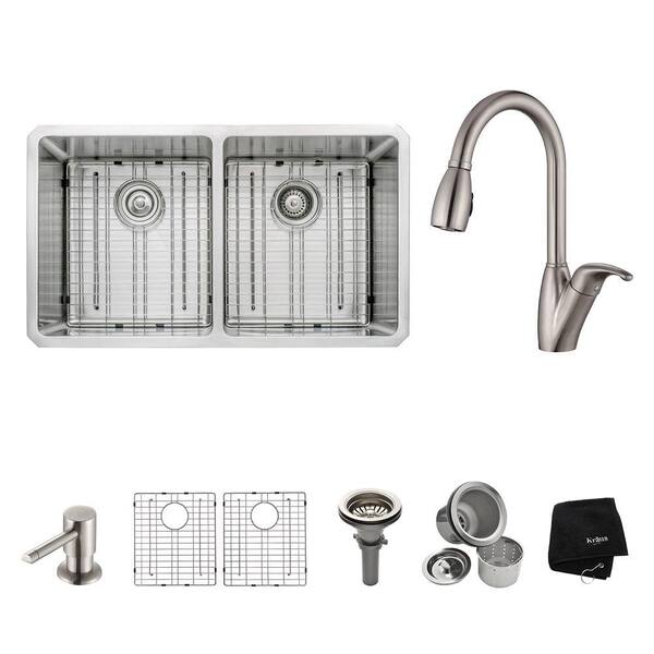 KRAUS All-in-One Undermount Stainless Steel 33 in. Double Bowl Kitchen Sink with Faucet and Accessories in Stainless Steel